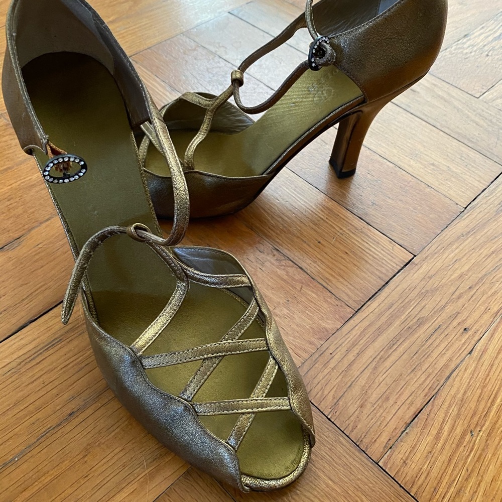 Cole Haan Gold leather t-strap heels